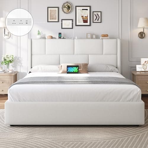 Image of Brinlawb 5ft King Size Ottoman Bed Frame with Hydraulic Storage, Upholstered King Size Bed Frame with Height-Adjustable Headboard and Charging Station, Ample Under-Bed Storage Space, 150x200 cm, White