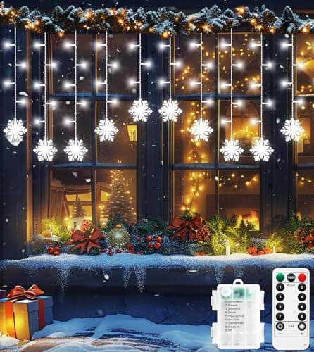 Image of ULIGHTOWN Christmas Window Light Battery Powered 90 LED 3.5M Snowflakes Curtain Lights, Christmas Lights 8 Modes, Waterproof Icicle Lights for Window, Garden, Party, Bedroom, Patio Decoration (White)