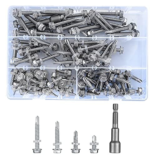 Image of 101 Pcs Stainless Steel Self Drilling Hex Head Screws, Metal Sheet Tek Screws Assortment Kit Set with Drill Point and Gasket, Roofing Screws with Hex Socket - M6.3*(23mm/30mm/36mm/55mm)