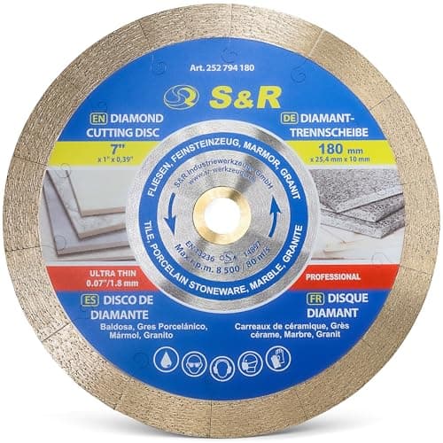 Image of S&R Diamond Cutting Disc 180 x 25.4 x 7 mm (1.6 mm), Diamond Saw Blade for Porcelain, Stoneware, Hard Tiles, Granite