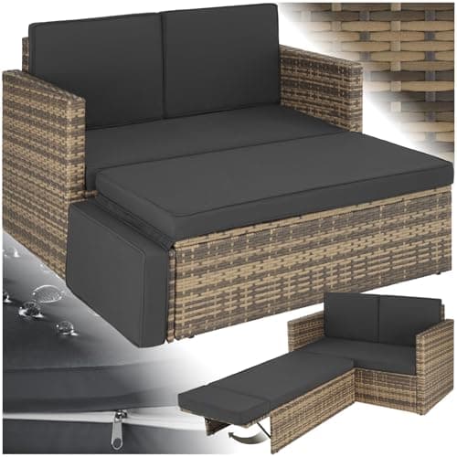 Image of tectake® Rattan Garden Furniture Set - UV-Resistant 2 Seater Sofa & Stool with Steel Frame, Thick, Water-Repellent & Washable Cushions, Easy Setup - Outdoor Furniture for Garden & Patio - Nature
