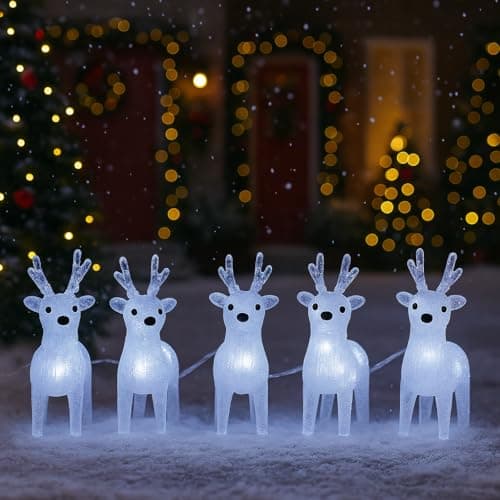 Image of Marco Paul Light Up Christmas Reindeer Set 5pc LED Stag Decorations Battery Operated with Cool White LEDs and Auto Timer Indoor & Outdoor Festive Xmas Display