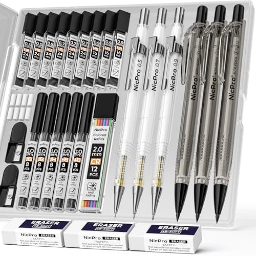 Image of Nicpro 6 Piece Mechanical Pencil Set with Case, Drawing Pencils in Thicknesses 0.5, 0.7 0.9 mm and 3 Pieces 2 mm Lead Holders (Colours 4B, 2B, HB, 2H) for Artistic Writing, Sketching and Drawing