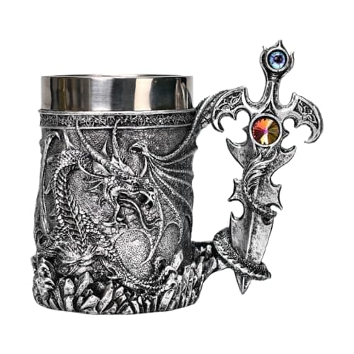 Image of Viking Dragon Beer Tankard - Authentic Medieval Nordic Style | 600ml Stainless Steel Tankard with Sword and Dragon Handle | Fantasy Gift for Men, Gamers, Enthusiasts