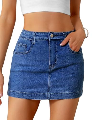 Image of Fengbay Womens Denim Mini Skirt Ladies High Waisted Denim Skorts Casual Stretch Slim Fit Jean Skirts with Pocket
