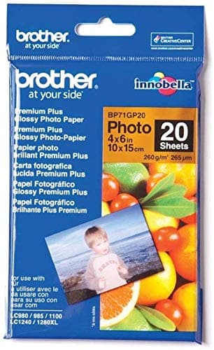 Image of Brother BP71GP20 Photo Paper, 6 Inch x 4 Inch, Premium Plus Glossy, 15 cm (W) x 10 cm (L), 20 Sheets, Brother Genuine Supplies, white