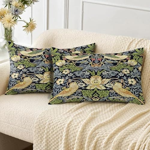 Image of HUASHUZI Cushion Covers Rectangle Long Oblong William Morris 30x50cm Strawberry Thief Decorations Double Sided Pattern Throw Pillow Case Set of 2 Home Decor for Sofa Bench Couch
