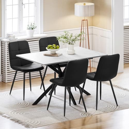 Image of Luxstein Extendable Dining Table and Chairs Set 4, 120-160cm Marble Effect Table with 4 Black Upholstered Linen Chairs for Dining Room, Kitchen