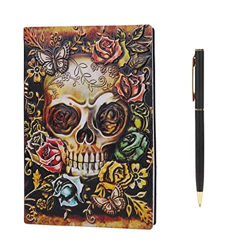 Image of IBLUELOVER Vintage Leather Journal Embossed Notebook A5 Handmade Travel Diary with Pen,Skull Retro Writing Notebook with Lined Paper, 200 Pages/100Sheets