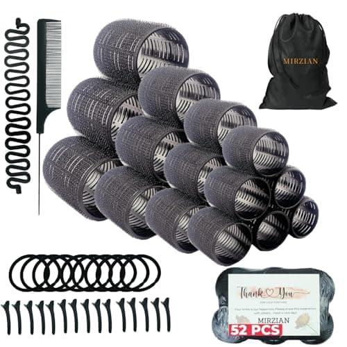 Image of Mirzian 51PCS Hair Rollers with Clips Set – 24 Heatless Curlers (76mm, 50mm, 40mm, 30mm), 15 Clips, 10 Hair Grips, Comb, Braid Tool & Storage Bag – No Heat Hair Curlers Rollers for Volume