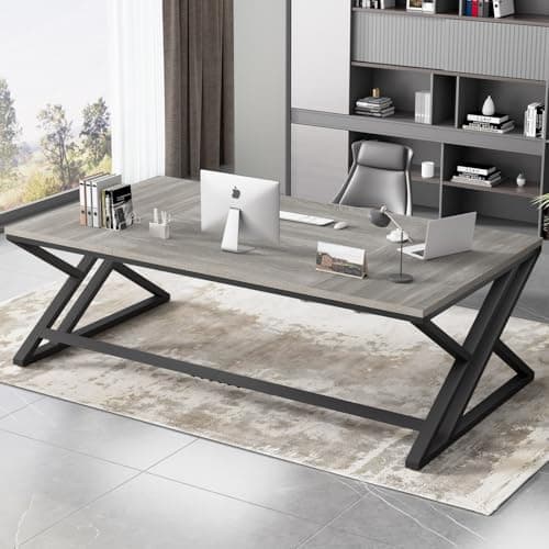 Image of HSH Light Grey Computer Desk, Large Modern Workstation Home Office Desk, Long Industrial Study Gaming Work Writing Desk for 2 Person, Double Wood Executive Pc Table with Storage in Bedroom 180cm