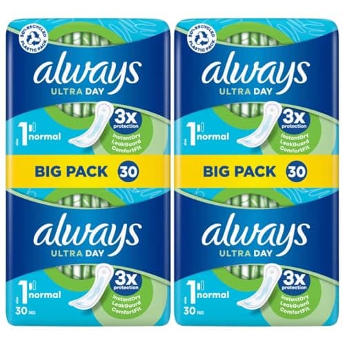 Image of Always Ultra Day Sanitary Pads – Normal Size 1 – 3X Protection with InstantDry, LeakGuard & OdourLock – Big Pack of 30 Pads (2 Packs 60 in total)