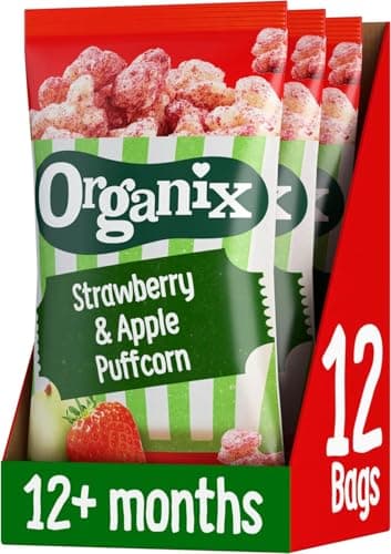 Image of Organix Strawberry & Apple Puffcorn, Organic Toddler Snack, Finger Food, 12+ Months, Multipack, 4 x 10 g Bags Per Pack (3 Packs Total)