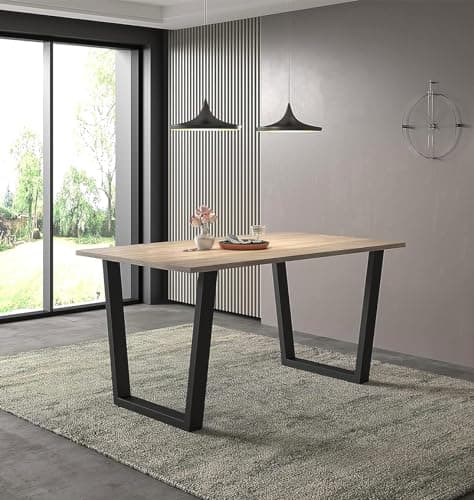 Image of Hallowood Furniture Dudley Large Dining Table with Metal Legs, Industrial Style Light Oak Dining Table with Black U-Shaped Legs, Kitchen Tables for Home or Offices, Seats 4-6 People (150cm)