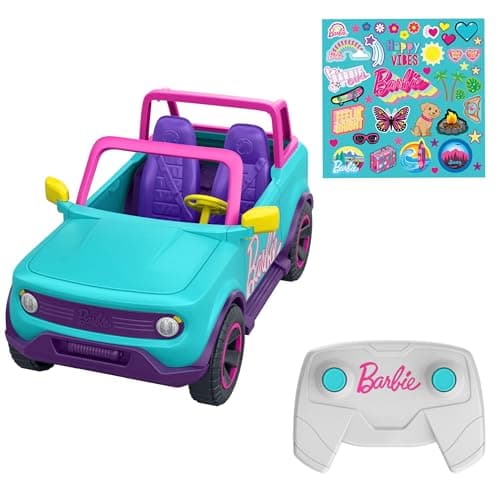 Image of Hot Wheels Barbie Remote Control Car, SUV & Stickers, Can Hold & Store 2 Barbie Dolls & Accessories, Kid-Applied Stickers for Customization, HTP53