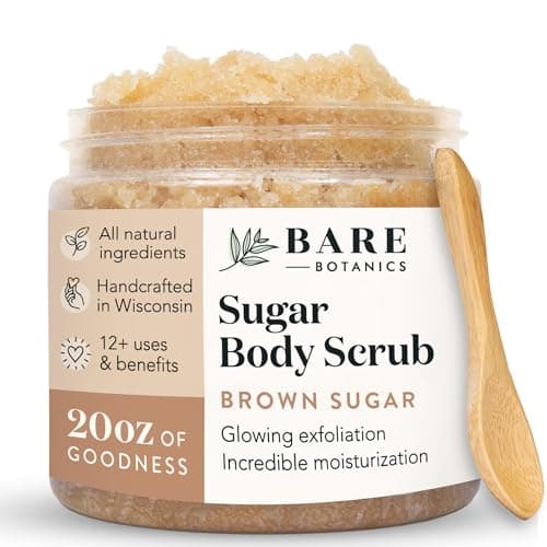 Image of Bare Botanics Coconut Vanilla Body Scrub 24oz | Made in USA | All Natural Brown Sugar Exfoliator w/Skin Loving Moisturizers | Vegan & Cruelty Free | Gift Ready Packaging w/a Cute Wooden Spoon
