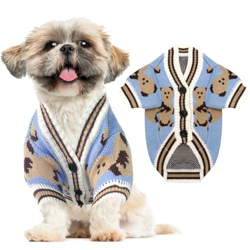 Image of ABRRLO Small Dog Jumpers Cute Bear Dog Cardigan Sweater for Small Dogs Boy Girl Puppy Cat Knitting Cardigan Outfits Doggy Winter Coats Warm Pet Dogs Clothes Soft Knitwear(Blue,XS)