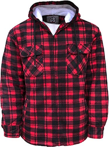 Image of Mens Padded Shirts Lumberjack Hooded Flannel Check Jacket Thick Quilted Work Wear Warm Thermal Fleece Fur Lined Top Casual Coat Size M-XXL (Large, Red)