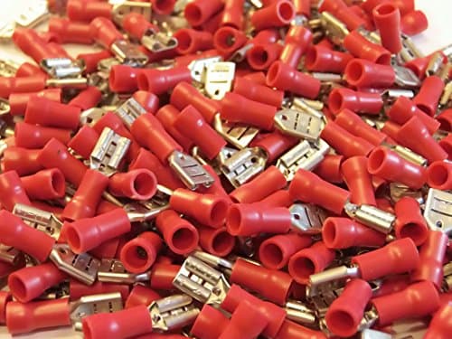 Image of 4.8 red terminal crimp connector push on female spade crimps 25 50 100 pack (25)