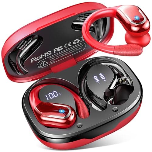 Image of Rulefiss Wireless Earbuds Sport, 2026 75Hrs Bluetooth 5.4 Headphones HiFi Stereo Ear Buds, 4 ENC Noise-Cancelling Mic, IP7 Waterproof Running Earphones with Earhook, USB-C, for Android iOS, Red
