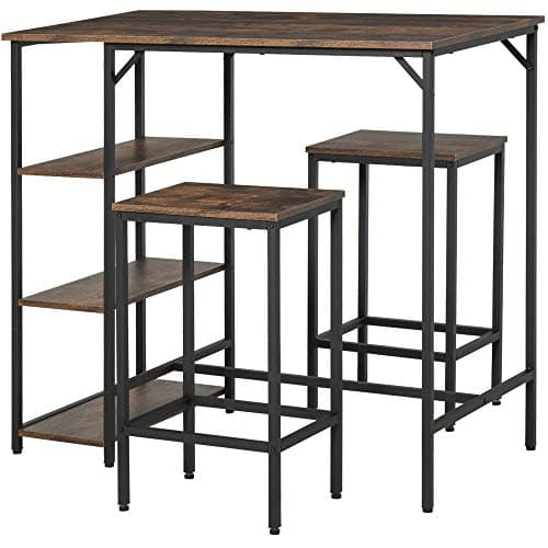 Image of HOMCOM Industrial Bar Height Dining Table Set With 2 Stools & Side Shelf, 3 Pieces Coffee Table for Dining Room, Kitchen, Dinette