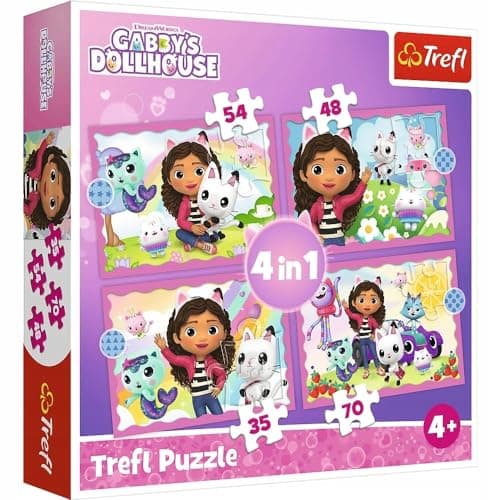 Image of Trefl Gabbys Dollhouse 4 in 1 Puzzle Set – 35, 48, 54 & 70 Pieces – Character Puzzles for Children – For Ages 4+