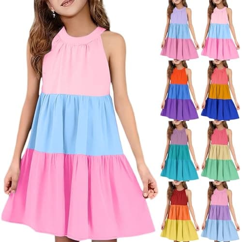 Image of Girls Halter Dress Rainbow Sleeveless Color Block Dresses Kids Summer Swing Skater Skirts Smocked Loose Cool Casual Beach Dress Fashion (Hot Pink, 9-10 Years)