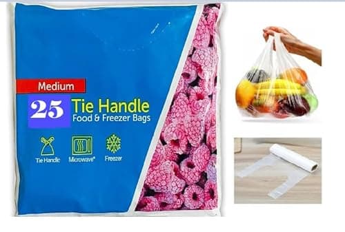 Image of Strong FOOD Tie Handle Resealable Sandwich Freezer Bags Kitchen Storage Bags. For Fresh Food, Vegetables, Fruit, Meat, Meal Prep, Sandwiches For Home & Travel Use Freezer Safe (25, White, Medium)