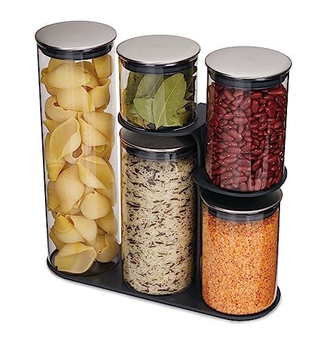 Image of Joseph Joseph Podium 5 piece Glass Airtight Food Storage Jar Container Set with Stand, Black