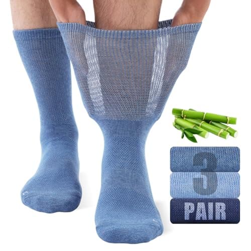 Image of SukModen Bamboo Diabetic Socks for Men, Soft Top Cushioned Seamless Socks for Swollen Feet and Ankles, Loose Top Hospital Socks 3 Pairs