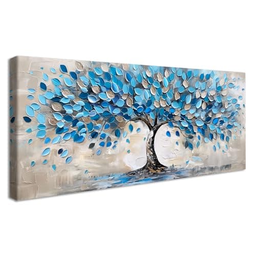 Image of Framed Large Canvas Wall Art For Living Room Abstract Tree Painting Wall Decor For Bedroom Silver Blue Tree Picture Neutral Aesthetic Canvas Prints Office Dining Room Hotel Mural Home Decor 50x120cm