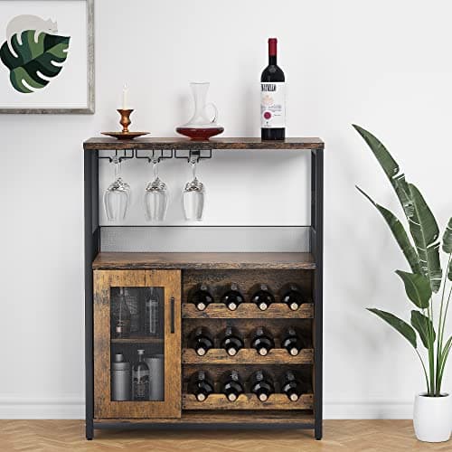 Image of Wine Bar Cabinet, Metal Wood Sideboard with Removable Wine Rack & Glass Holder, 3-Tier Coffee Bar Cabinet with Baffle Door, Freestanding Buffet Cupboard Organizer for Dining Kitchen, 69x35x92Cm, Brown