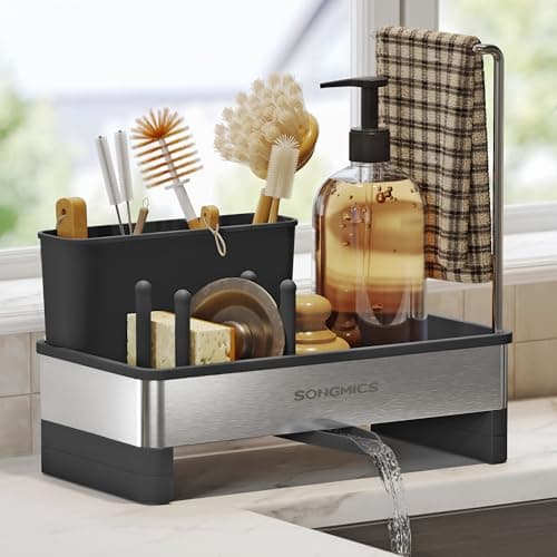 Image of SONGMICS Kitchen Sink Caddy Tidy, Sink Organiser with Sponge Holder, Washing up Caddy for Brushes, Cloths, Soap, Stainless Steel, Space-Saving, Rotatable Spout, Ink Black and Silver KCS555BH01