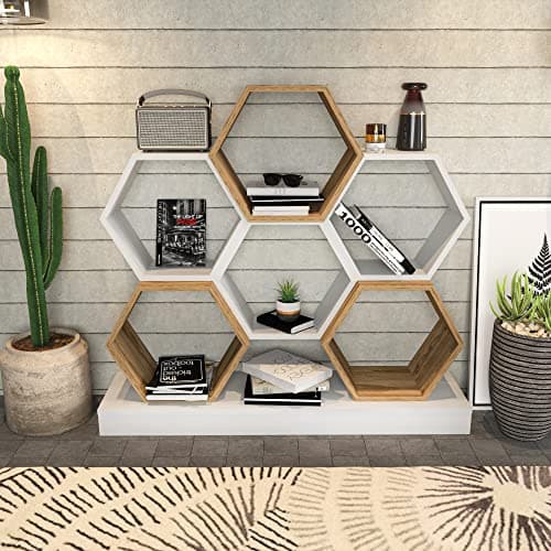 Image of DECOROTIKA - Hexagon Geometric Modern Design Bookcase Bookshelf Shelving Unit (White & Oud Oak)