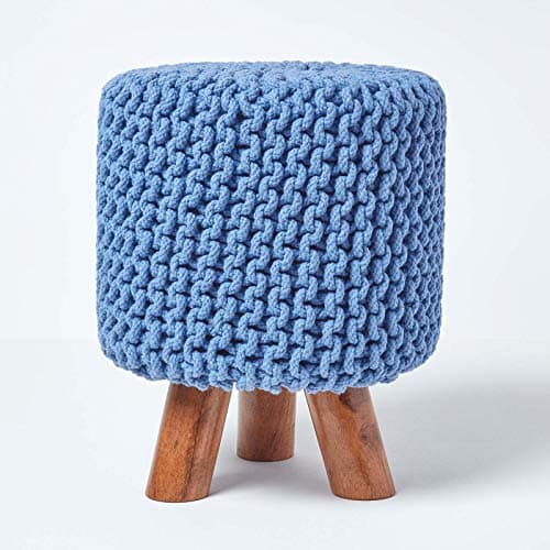 Image of HOMESCAPES Blue Cotton Knitted Pouffe Footstool with Wooden Legs- 32 x 32 x 42 cm