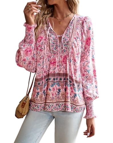 Image of PHLCEhot Women Long Sleeve Tunic Tops Floral Boho Loose Chiffon Pullover Blouse Pink