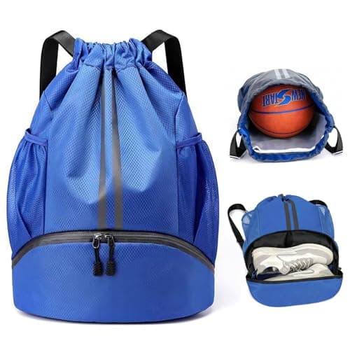 Image of Fjquamitix Drawstring Bags,Waterproof PE Bag,Sports Swimming Backpack Large Unisex Gym Bag with Shoe Compartment Wet And Dry Separation For Travel, School, Beach,Sports (blue)