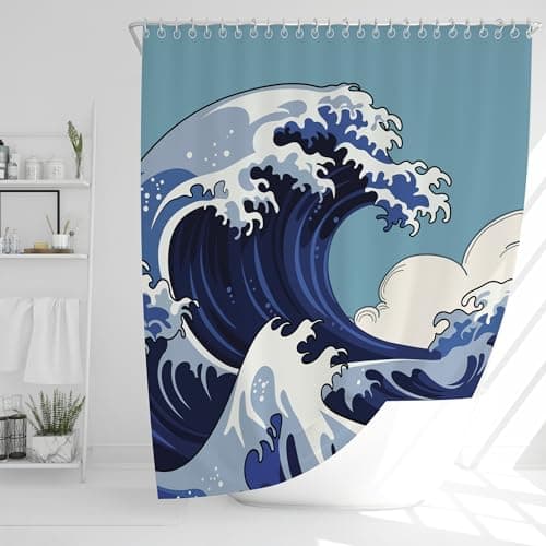Image of JJ PRIME - Japanese Wave Shower Curtain | Bathroom Shower Curtains Mould Proof Resistant 180x180cm | Waves Waterproof Shower Curtain | Blue Shower Curtain Anti Mould Shower Curtain(The Great Wave)