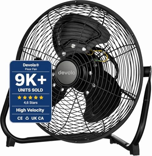 Image of Devola High Velocity Floor Fan 16 Inch, Portable Powerful Industrial Fan for Home, Gym, Office & Warehouse, High Powered Cooling, 3 Speeds, Adjustable Head, Cord Storage Bracket, Black, DV16FFB