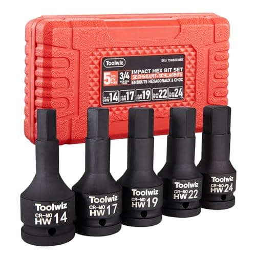 Image of Toolwiz 3/4 Inch Drive Impact Hex Bit Set, 5-Piece Metric 14mm-24mm, Cr-Mo Steel, One-Piece Construction, Professional Automotive Impact Bit Socket Set, Heavy Duty PVC Storage Case