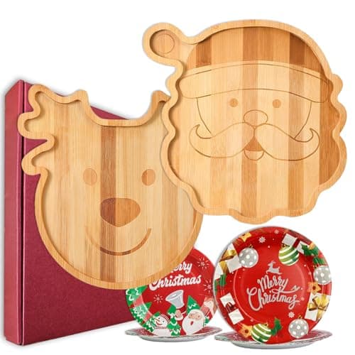 Image of YUANQIAN 2-Piece Bamboo Charcuterie Boards with 7" & 9" Paper Plates -Santa Claus & Elk Designs Natural Wooden Serving Trays