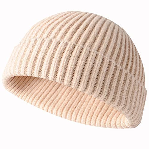 Image of JFAN Trawler Winter Beanie Hat Baseball Cap Roll up Edge Skullcap Fisherman Beanie Unisex Cuffed Short Knit Fisherman Beanie Winter Hats-Beige