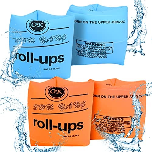 Image of Gukasxi 4 Pack Inflatable Swimming Armbands for Kids and Adults, Inflatable Swim Floater Sleeves Swim Arm Bands Floatie Sleeves Float Roll Up Sleeves for Children Adult Learning Swimming (Blue orange)