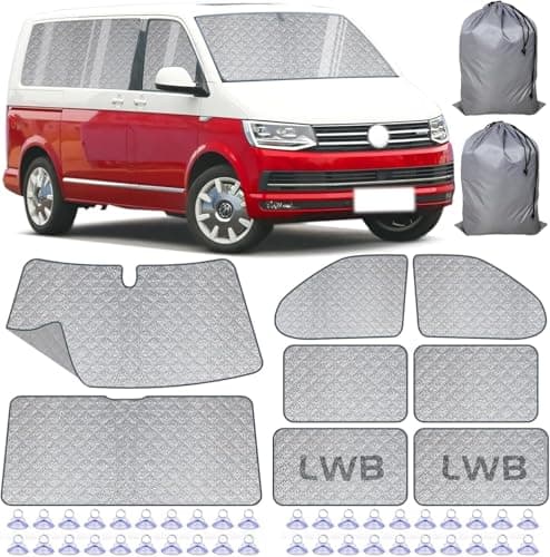 Image of Internal Thermal Blind Set for VW T5 T6 LWB Van, 8 PCS Thermal Windscreen Cover with 40 Suction Cups, Camper Van Window Insulation Sunshade, Silver Reflective Window Cover