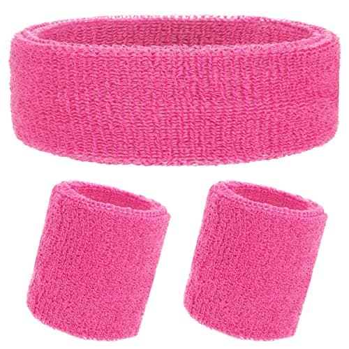 Image of Yolev Striped Sweatband Set Sports Headband Wristband Set(1 Headband and 2 Wristbands) Sweatbands for Athletic Men and Women Pink