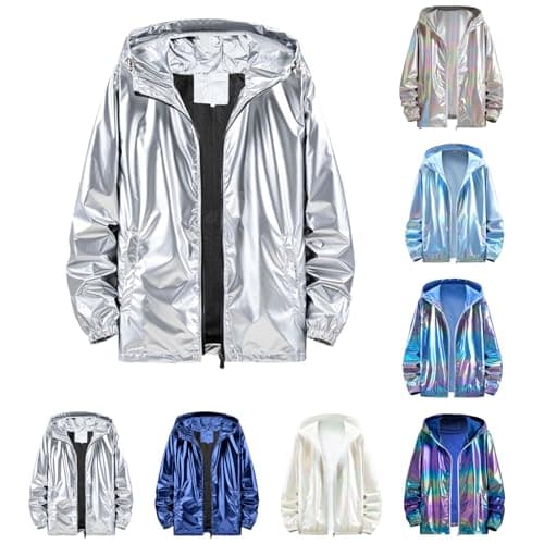 Image of Silver Metallic Glitter Jacket Men Women Carnival Costume 80s 90s Disco Bomber Jacket with Hood Zip Sequins Vintage Sports Jacket Wind Jacket Long Sleeve Coat Winter Jacket Streetwear, Silver #2, L