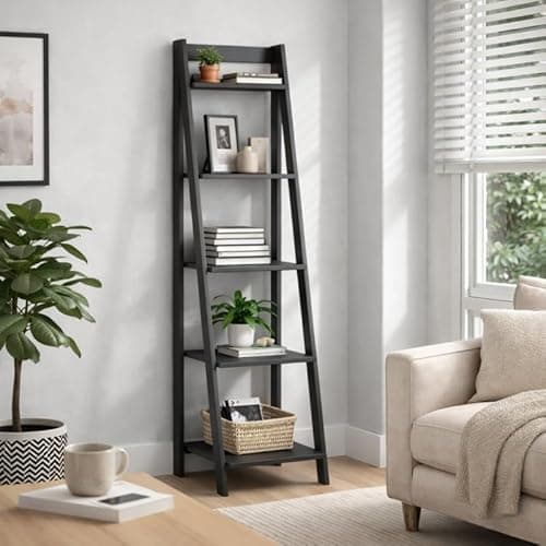 Image of Mercers Furniture Corona Charcoal Ladder Bookcase Solid Wood Pine Wooden Dark Grey Painted Shelving Unit Shelves Display Slanted Shabby Chic 159cm High 44cm Wide 43cm Deep