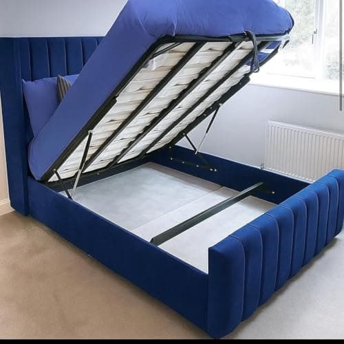 Image of Ottoman Bed Frame with Gas Lift Storage - Plush Velvet Upholstered - Single Double Kiing Super King - Hand Made in UK (Navy Blue Plush, Single 3ft)