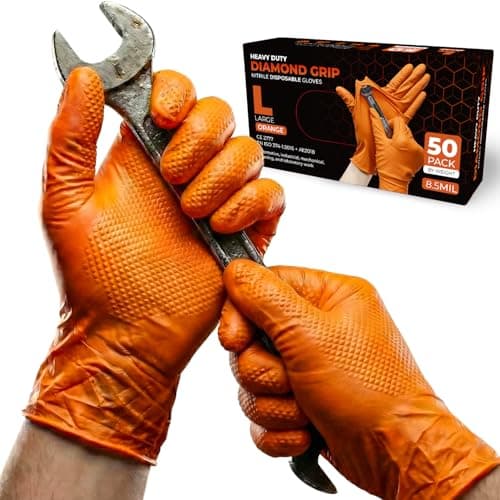 Image of PRAIMA Mechanic Gloves, Diamond Grip Orange Nitrile Disposable Gloves | Powder-Free, Latex-Free, Extra Thick & Strong Rubber Gloves for Work, Automotive, Industrial, and Cleaning Use (L, 50, count)