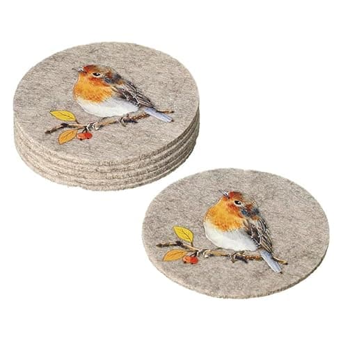 Image of Heaven Sends Felt Robin Coasters Set of 6 – Round Polyester Drink Mats – Festive Tableware for Hot and Cold Drinks – Christmas Dining and Winter Home Décor